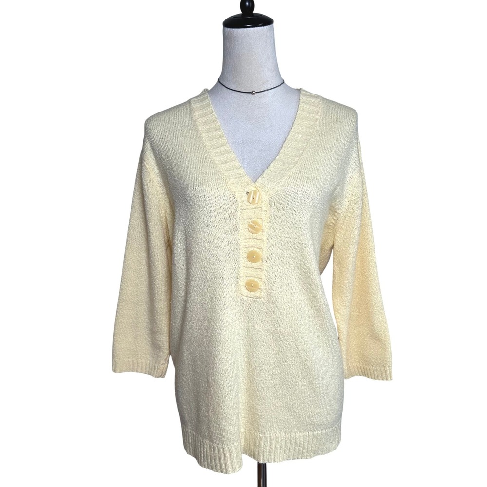 White Stag Y2K Butter‎ Yellow V-Neck Henley Button Knit Sweater Relaxed Large